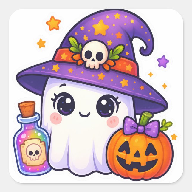 Adesivo Quadrado Cute Halloween Ghost Witch Sticker – Kawaii Ghost  (Frente)