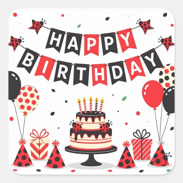 Adesivo Quadrado Cute Happy Birthday ladybug theme (Frente)