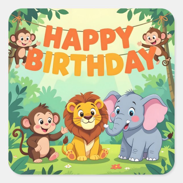 Adesivo Quadrado Cute Happy Birthday safari theme (Frente)