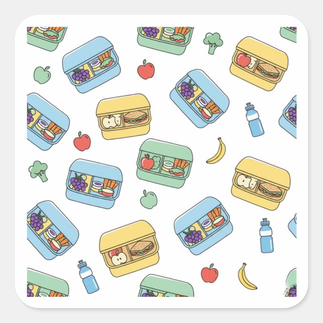 Adesivo Quadrado Cute Healthy Lunch Box Pattern Design Sticker (Frente)