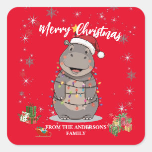 Adesivo Quadrado Cute Hippo árvore de Natal safari zoo Xmas xadrez