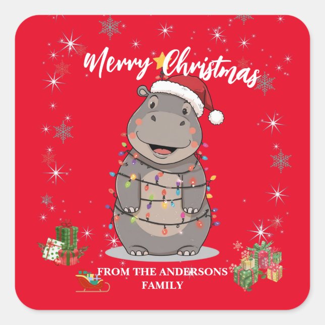 Adesivo Quadrado Cute Hippo Christmas tree zoo safari Xmas plaid pa (Frente)