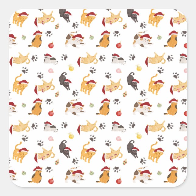 Adesivo Quadrado Cute Holiday Cat Pattern (Frente)