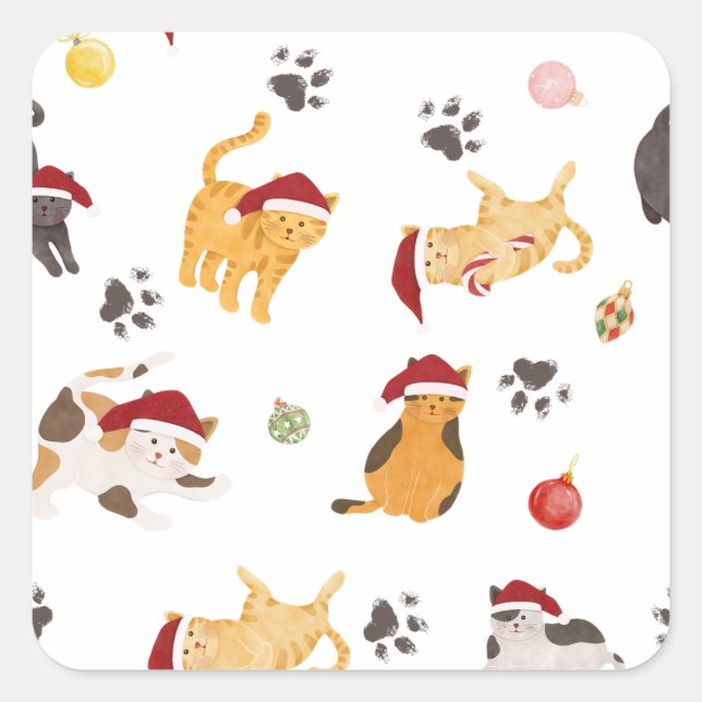 Adesivo Quadrado Cute Holiday Cat Pattern (Frente)