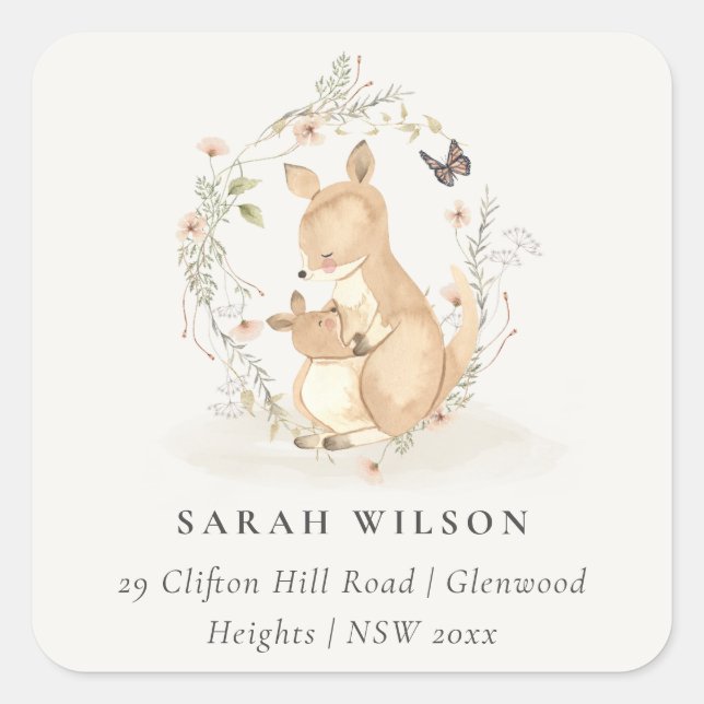 Adesivo Quadrado Cute Joey Mama Kangaroo Floral Wreath Endereço (Frente)