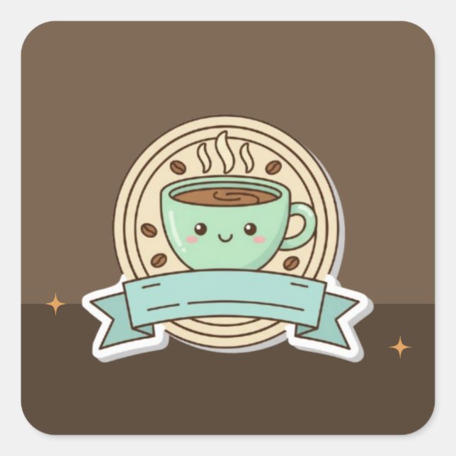 Adesivo Quadrado Cute Kawaii Coffee Cup Logo Design - Editable Past (Frente)