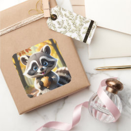 Adesivo Quadrado Cute Kawaii style Racoon segurando uma bolota
