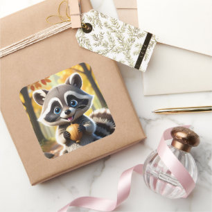 Adesivo Quadrado Cute Kawaii style Racoon segurando uma bolota