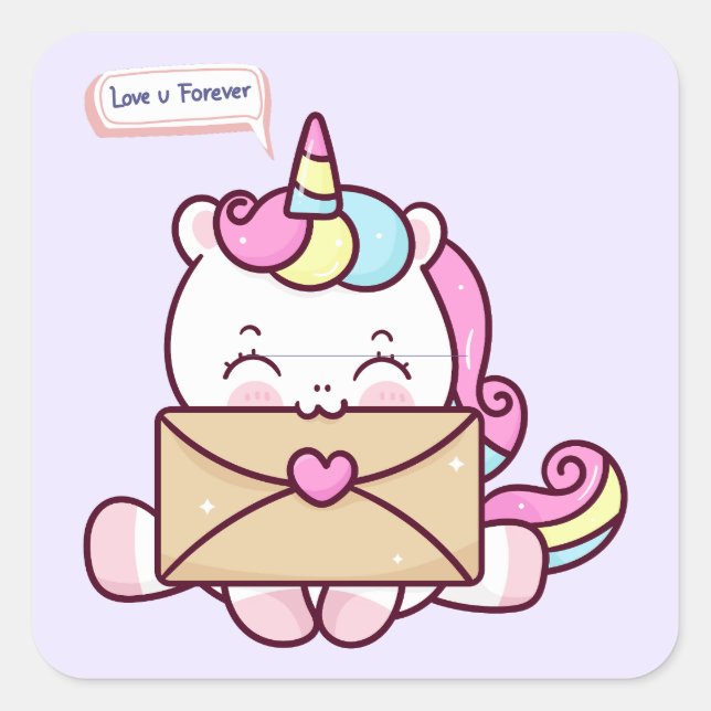 Adesivo Quadrado Cute Kawaii Unicorn Love Illustration (Frente)