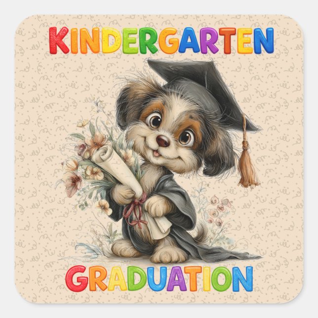 Adesivo Quadrado  Cute Kindergarten Graduation Puppy Illustration (Frente)