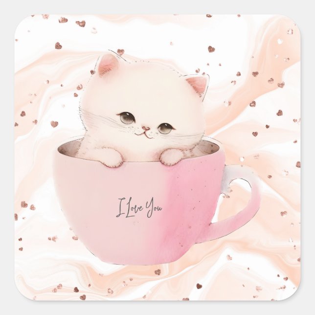 Adesivo Quadrado Cute Kitten em um Teacup (Frente)