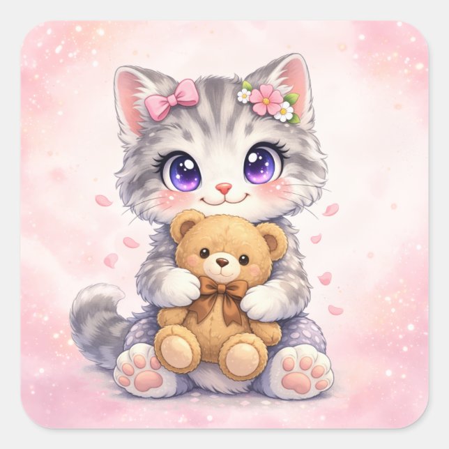 Adesivo Quadrado Cute Kitten Hugging Teddy Bear Square Sticker (Frente)