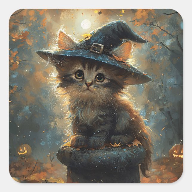 Adesivo Quadrado Cute Kitten Vestindo um Chapéu de Bruxa (Frente)