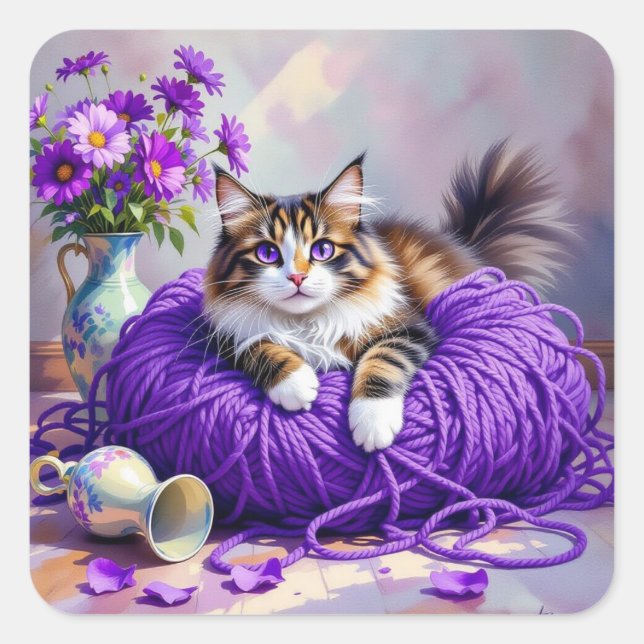 Adesivo Quadrado Cute Kitty Cat in Ball of Purple Yarn (Frente)