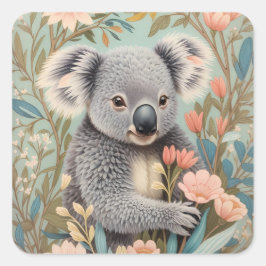 Adesivo Quadrado Cute Koala Elegant Pastel Floral