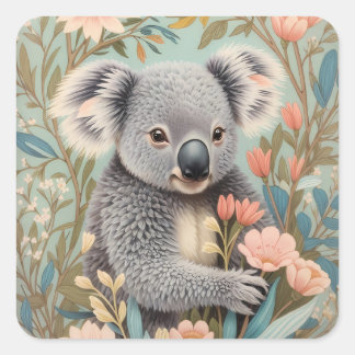 Adesivo Quadrado Cute Koala Elegant Pastel Floral