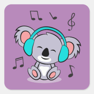 Adesivo Quadrado Cute koala Ouvindo Música