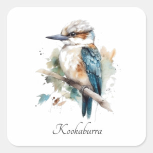 Adesivo Quadrado Cute Kookaburra num galho pintado em aquarela