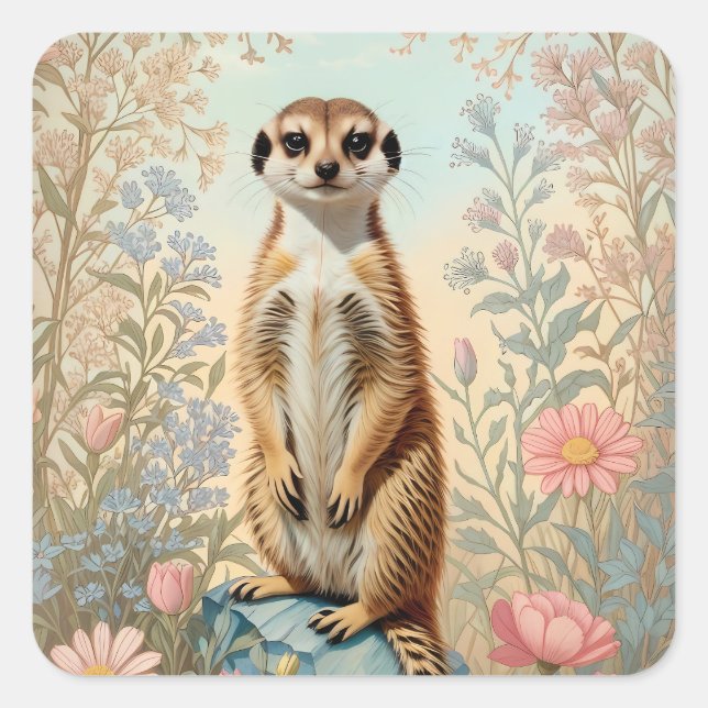 Adesivo Quadrado Cute Little Meerkat Pastel Floral (Frente)