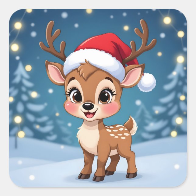 Adesivo Quadrado Cute little reindeer with Christmas hat (Frente)