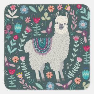 Adesivo Quadrado Cute Llama Floral Design