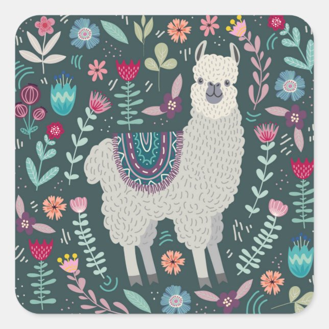 Adesivo Quadrado Cute Llama Floral Design (Frente)