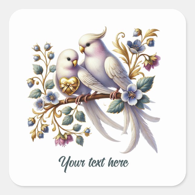 Adesivo Quadrado Cute love birds customizable Wedding  (Frente)