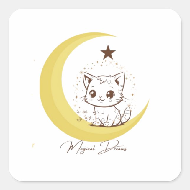 Adesivo Quadrado Cute Magical Cat on Moon Starry Dreams - Round Cla (Frente)