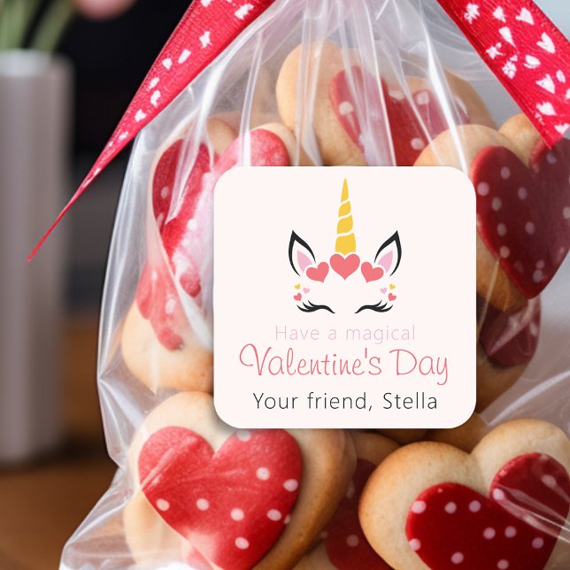 Adesivo Quadrado Cute Magical Unicorn Valentine's Day Personalized (Cute Magical Unicorn Valentine's Day Personalized Square Sticker)