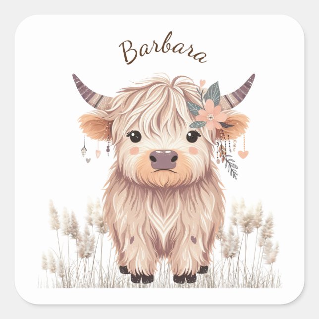 Adesivo Quadrado Cute Modern Boho Highland Cow, Nome Personalizado (Frente)
