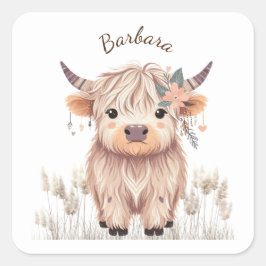 Adesivo Quadrado Cute Modern Boho Highland Cow, Nome Personalizado