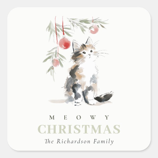 Adesivo Quadrado Cute Modern Watercolor Meowy Christmas Tree Cat (Frente)