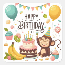 Adesivo Quadrado Cute Monkey Happy Birthday Party