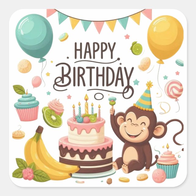 Adesivo Quadrado Cute Monkey Happy Birthday Party (Frente)