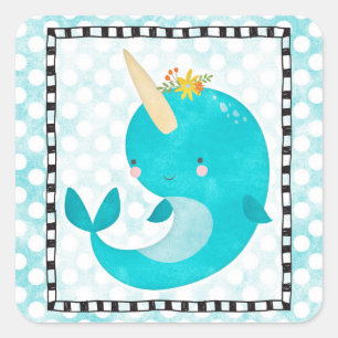 Adesivo Quadrado Cute Narwhale - Turquoise Aqua Whale
