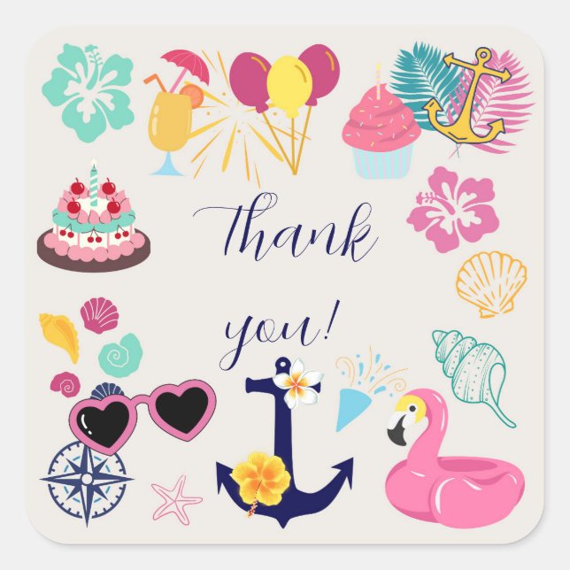 Adesivo Quadrado   Cute Nautical Birthday Thank You (Frente)