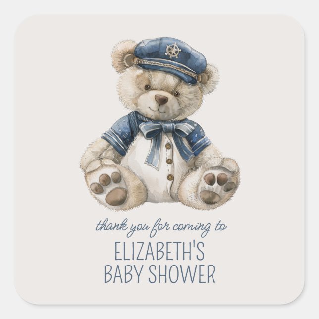 Adesivo Quadrado Cute Nautical Blue Baby Bear Baby Shower (Frente)