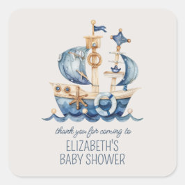 Adesivo Quadrado Cute Nautical Blue Sailing Ship Baby Shower