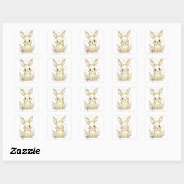 Adesivo Quadrado Cute Olive Green Bunny Party Theme Pastel Floral