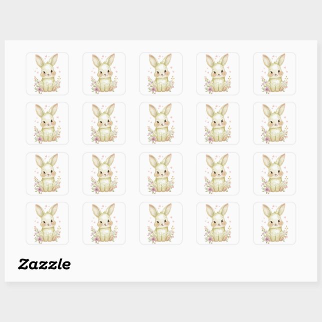 Adesivo Quadrado Cute Olive Green Bunny Party Theme Pastel Floral (Folha)