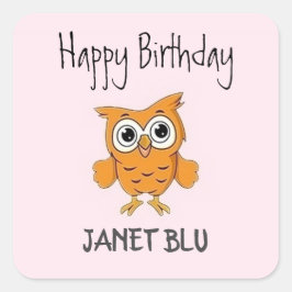 Adesivo Quadrado Cute orange owl happy birthday on pink