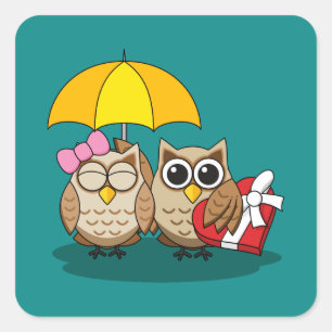 Adesivo Quadrado Cute Owl Lovers w/ Umbrella & Red Chocolate Box