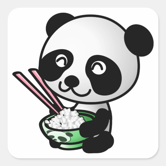 Adesivo Quadrado Cute Panda Comendo Arroz de Boliche com Chopsticks (Frente)