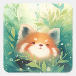 Adesivo Quadrado Cute Panda Vermelho Espiando Através da Floresta V