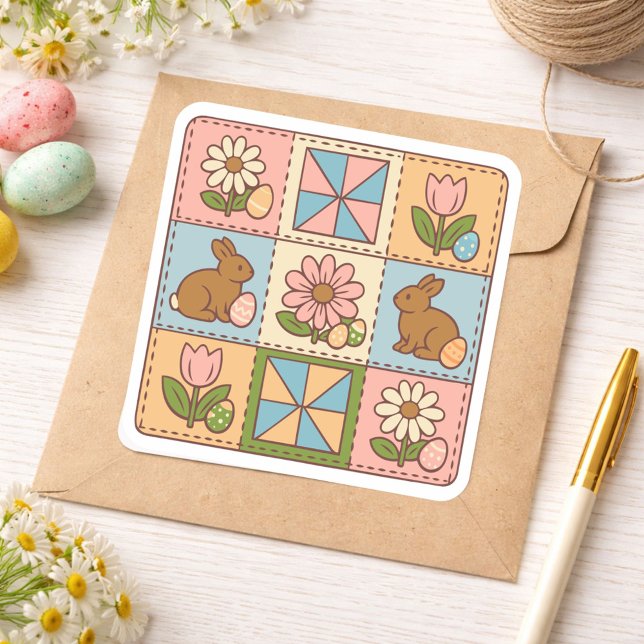 Adesivo Quadrado Cute Pastel Easter Bunny Flower Patchwork  (Criador carregado)