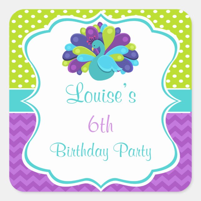 Adesivo Quadrado Cute Peacock Green and Purple (Frente)