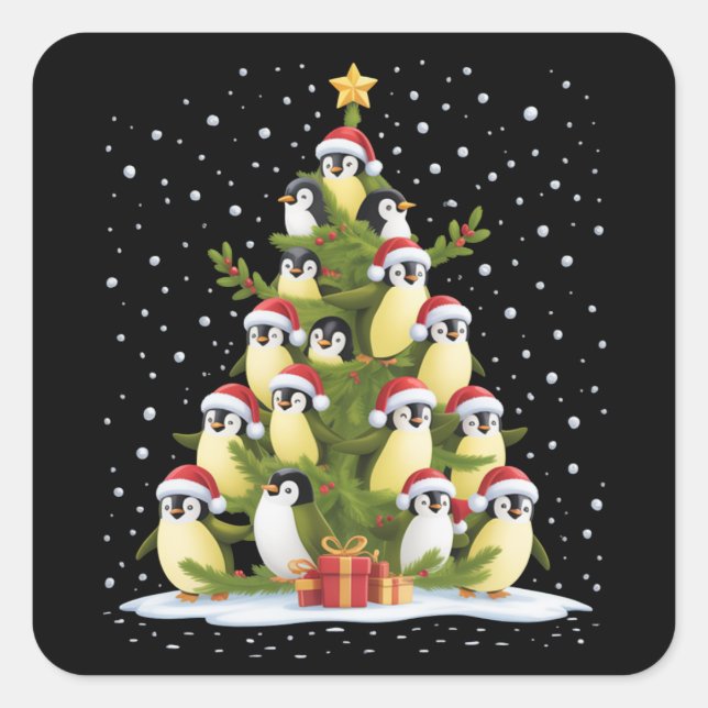 Adesivo Quadrado Cute Penguin Christmas Tree Funny Holiday (Frente)