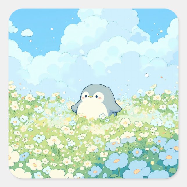 Adesivo Quadrado Cute Penguin in Blue Spring Meadow (Frente)