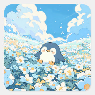 Adesivo Quadrado Cute Penguin in Blue Wildflower Field