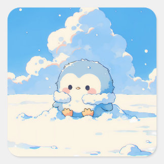 Adesivo Quadrado Cute Penguin Playing in Winter Snow